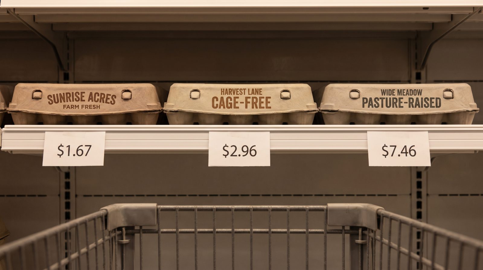 Supermarket egg shelf with three cartons