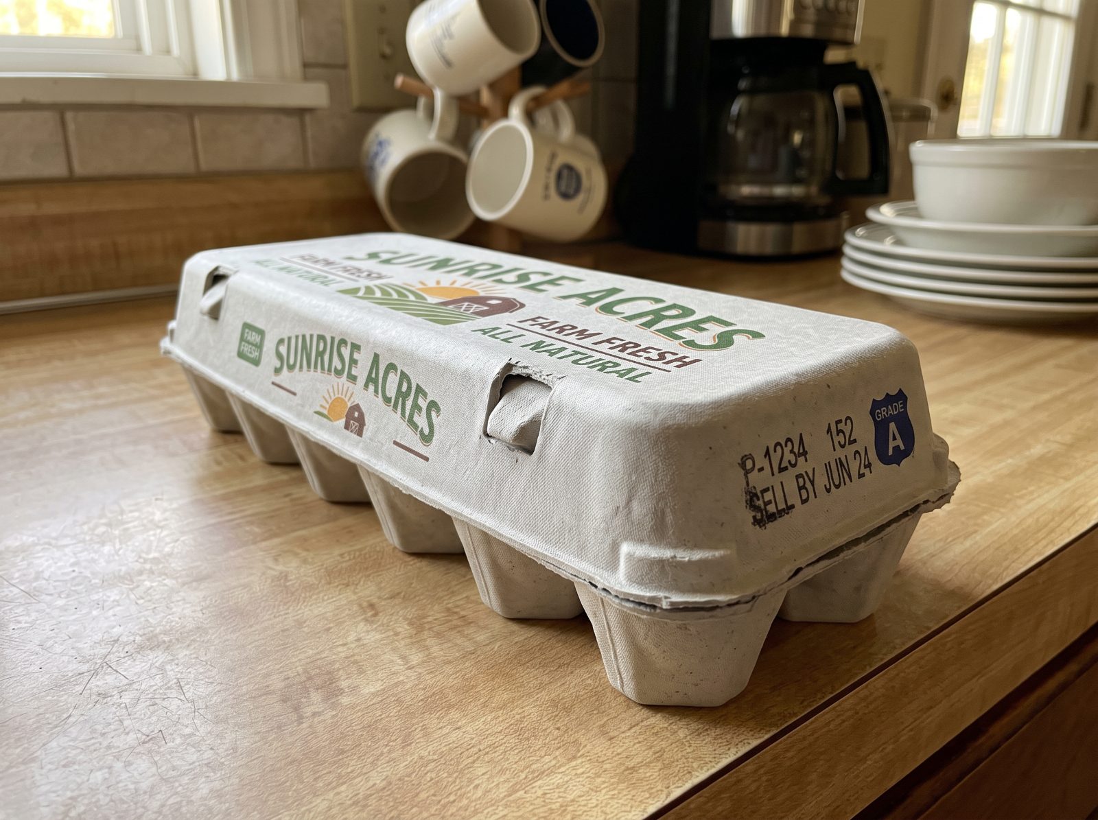 The carton back on a kitchen counter