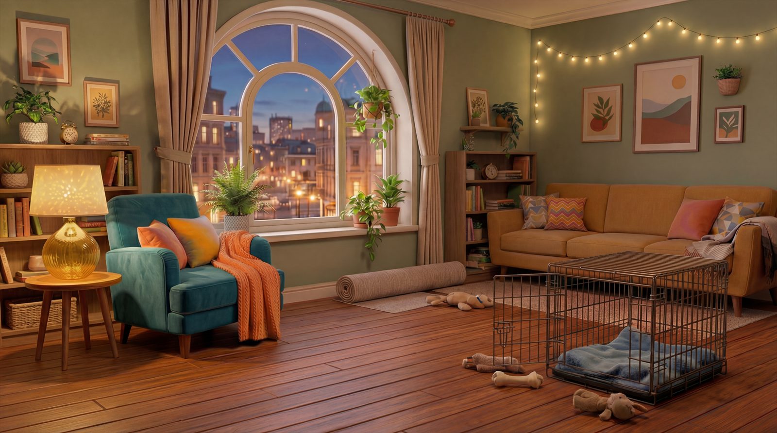 A cozy evening living room with a teal armchair, warm lamp light, an arched window over a city skyline, and an open dog crate with plush toys on the floor — the first-night scene at the heart of First72Hours.